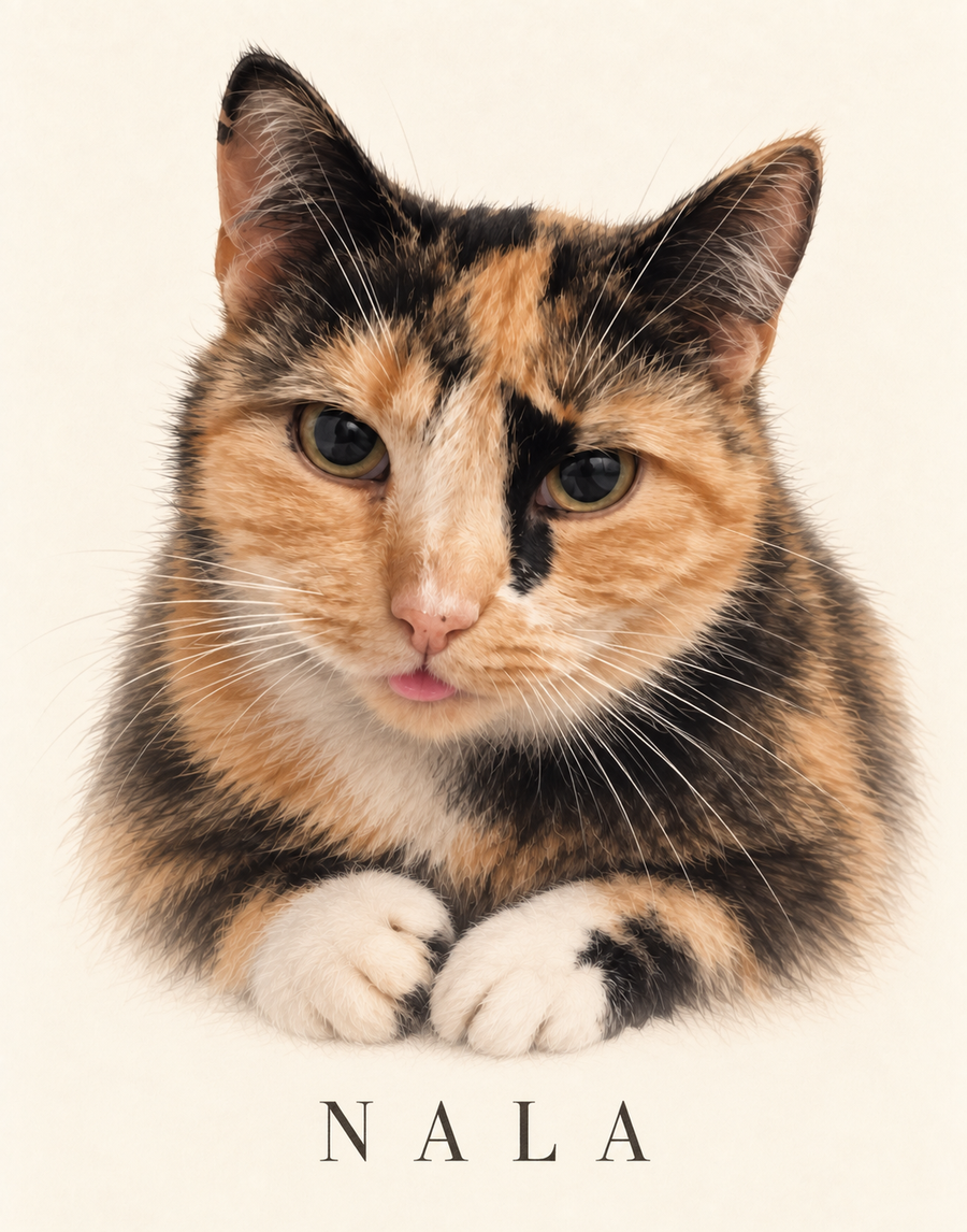 Nala, a calico cat, in a personalized portrait with her name